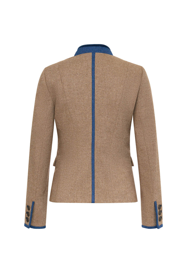 Marie hüftlange Jacke Fischgrat Beige mit Blau