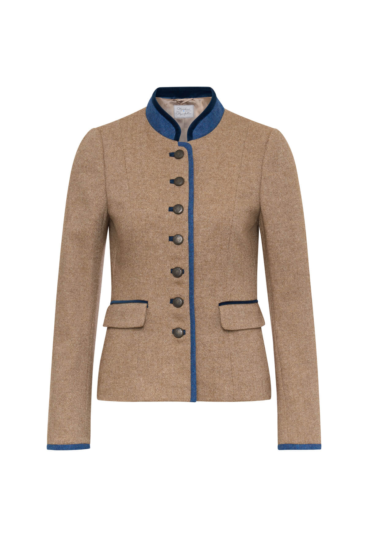 Marie hüftlange Jacke Fischgrat Beige mit Blau